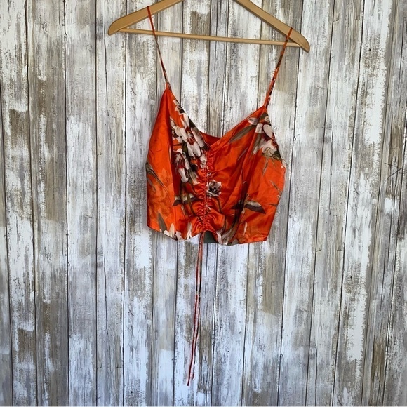 NWT All Saints Alexia Dorada Orange Floral Silk Crop - Picture 2 of 8